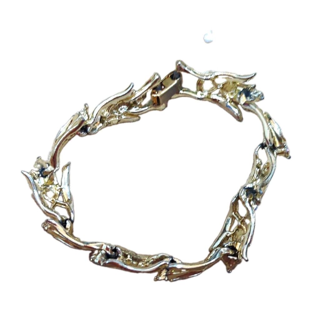 Vintage Silver Tone Link Chain Bracelet Chain Style w/Floral Motif